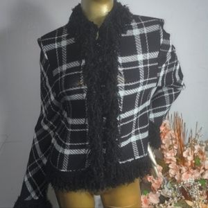 Authentic St. John Collection Plaid Print Fringe Detail Wool Sweater Jacket